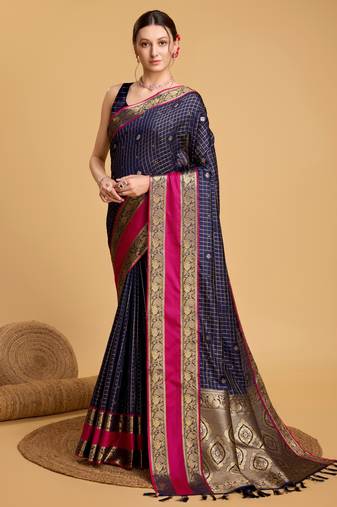 Navy Blue Ethnic Weaving Jacquard Designer Silk c Traditional Saree