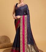 Navy Blue Ethnic Weaving Jacquard Designer Silk c Traditional Saree