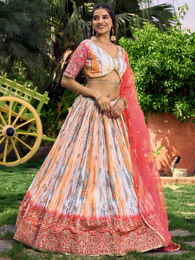 Stunning White & Pink Digital Printed Chinon Festive Wear Lehenga Choli