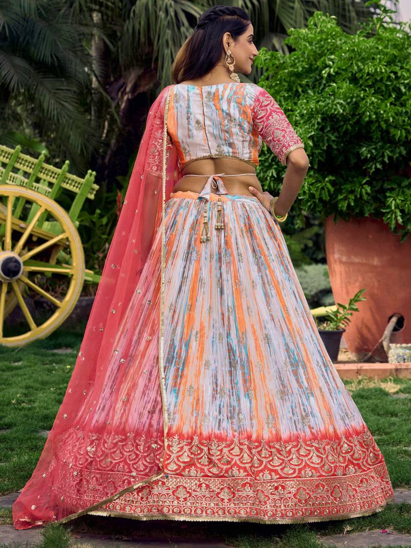 Stunning White & Pink Digital Printed Chinon Festive Wear Lehenga Choli