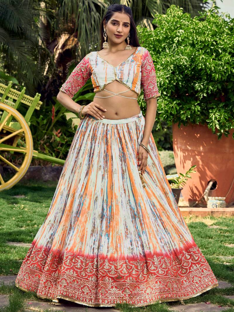 Stunning White & Pink Digital Printed Chinon Festive Wear Lehenga Choli