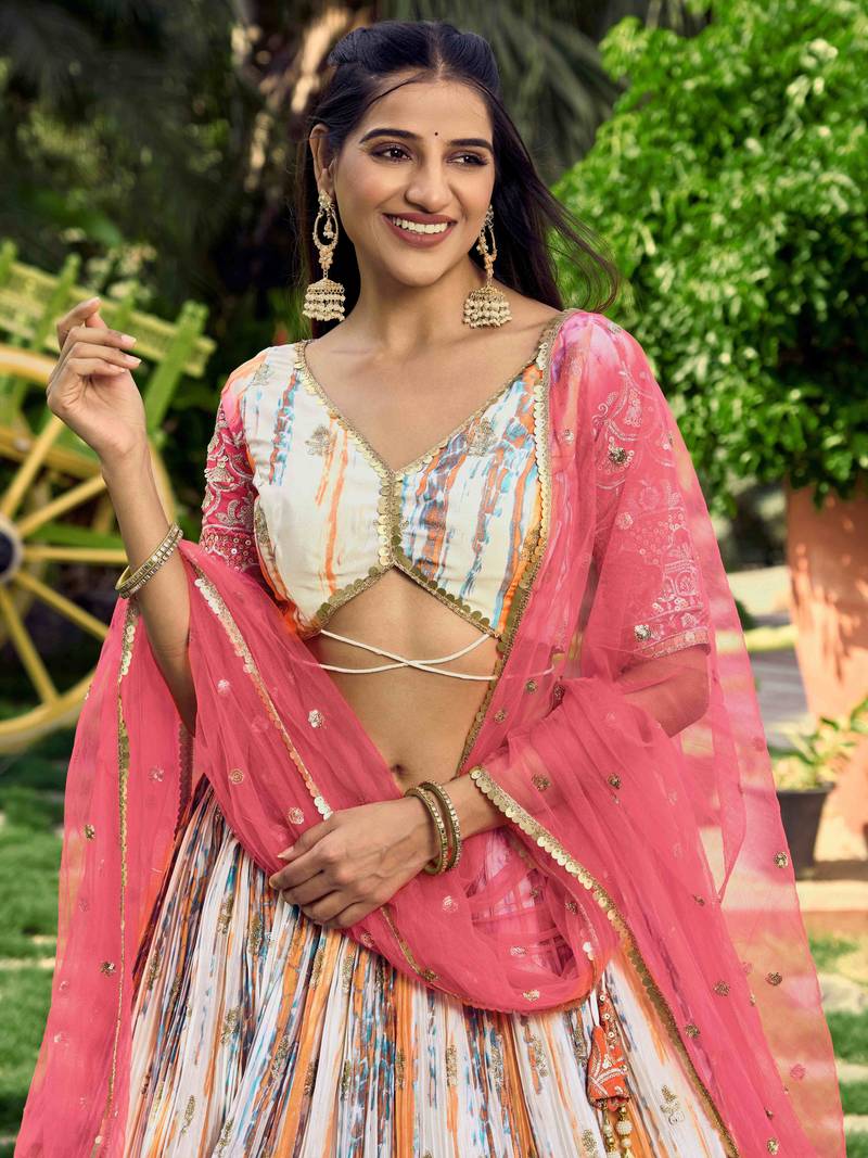 Stunning White & Pink Digital Printed Chinon Festive Wear Lehenga Choli