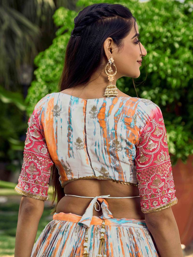 Stunning White & Pink Digital Printed Chinon Festive Wear Lehenga Choli
