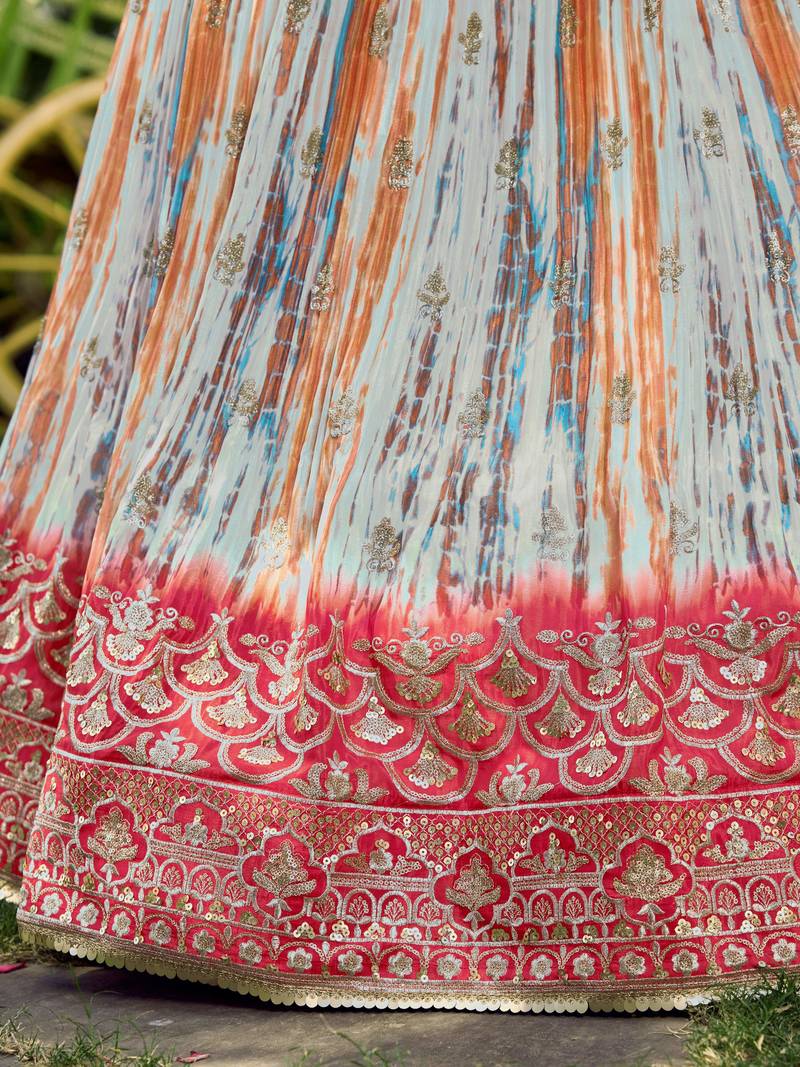 Stunning White & Pink Digital Printed Chinon Festive Wear Lehenga Choli