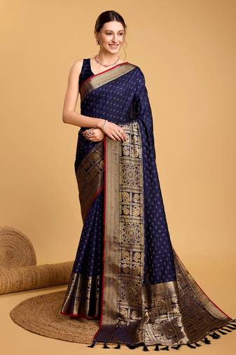 Navy Blue Double Zari Designer Woven Ethnic Soft Silk Blend Saree For Party Looks