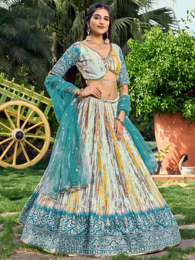 Lovely White & Blue Digital Printed Chinon Sangeet Wear Lehenga Choli