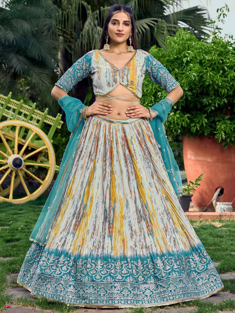 Lovely White & Blue Digital Printed Chinon Sangeet Wear Lehenga Choli