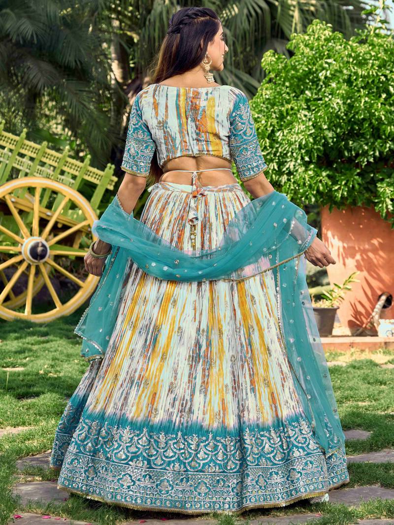 Lovely White & Blue Digital Printed Chinon Sangeet Wear Lehenga Choli