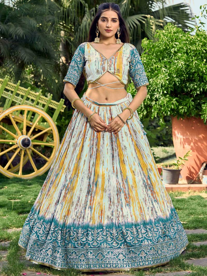 Lovely White & Blue Digital Printed Chinon Sangeet Wear Lehenga Choli