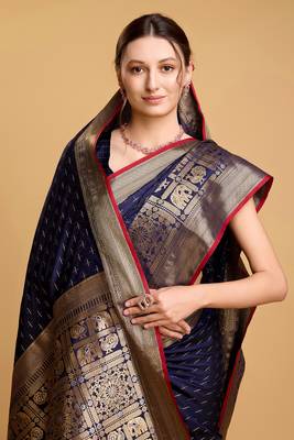 Navy Blue Double Zari Woven Ethnic Soft silk blend Saree Party Looks 3