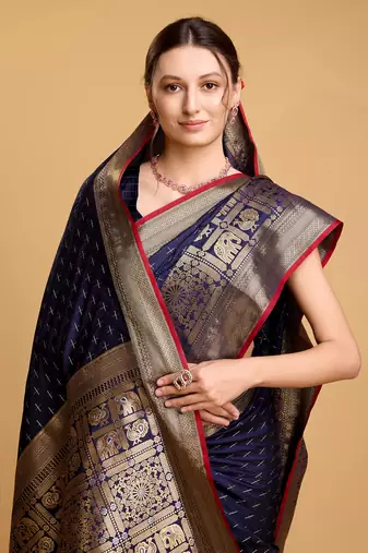 Navy Blue Double Zari Woven Ethnic Soft silk blend Saree Party Looks