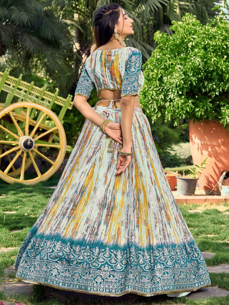 Lovely White & Blue Digital Printed Chinon Sangeet Wear Lehenga Choli