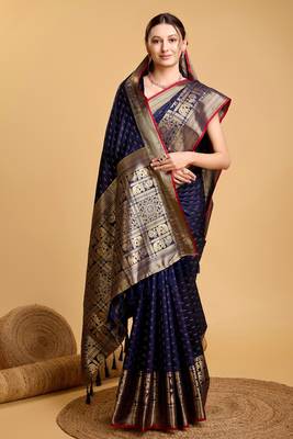 Navy Blue Double Zari Woven Ethnic Soft silk blend Saree Party Looks 4