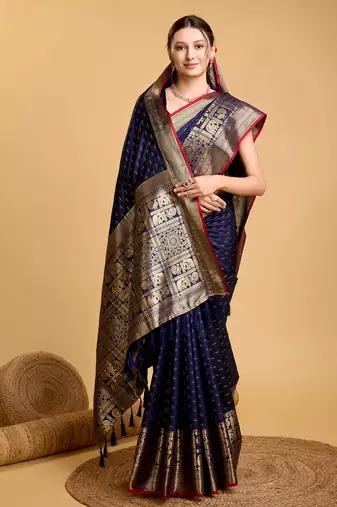 Navy Blue Double Zari Woven Ethnic Soft silk blend Saree Party Looks