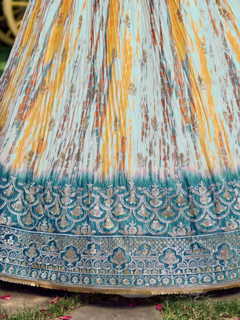 Lovely White & Blue Digital Printed Chinon Sangeet Wear Lehenga Choli