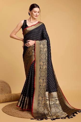 Black Double Zari Designer Woven Ethnic Soft Silk Blend Saree For Party Looks