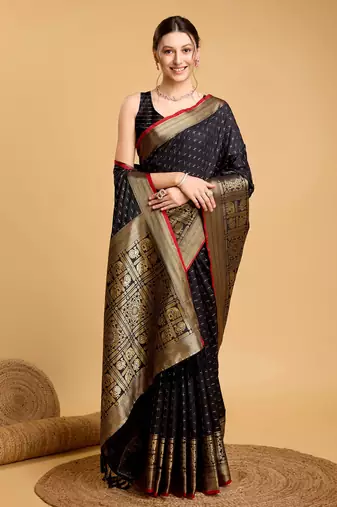 Black Double Zari Woven Ethnic Soft silk blend Saree Party Looks