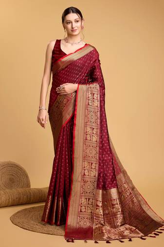 Maroon Double Zari Designer Woven Ethnic Soft Silk Blend Saree For Party Looks
