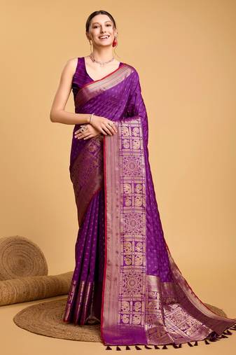 Purple Double Zari Designer Woven Ethnic Soft Silk Blend Saree For Party Looks