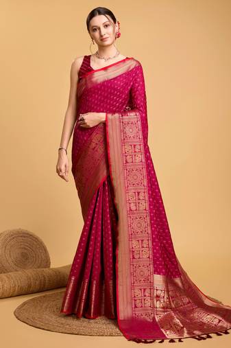 Pink Double Zari Designer Woven Ethnic Soft Silk Blend Saree For Party Looks