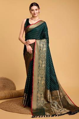 Green Double Zari Woven Ethnic Soft silk blend Saree Party Looks 1