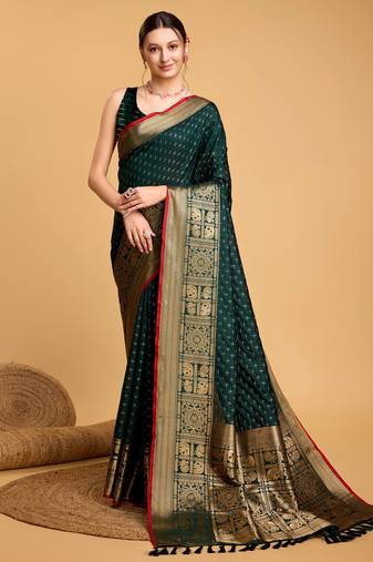 Green Double Zari Designer Woven Ethnic Soft Silk Blend Saree For Party Looks