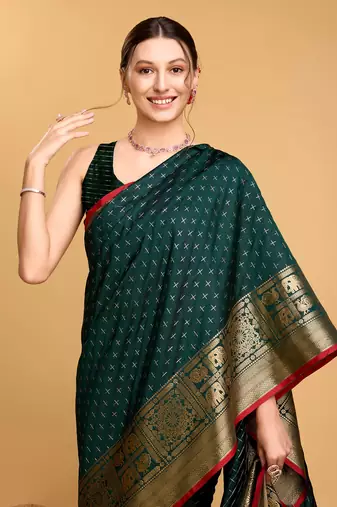 Green Double Zari Woven Ethnic Soft silk blend Saree Party Looks
