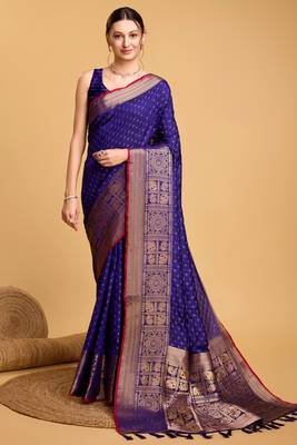 Royal Blue Double Zari Woven Ethnic Soft silk blend Saree Party Looks 1