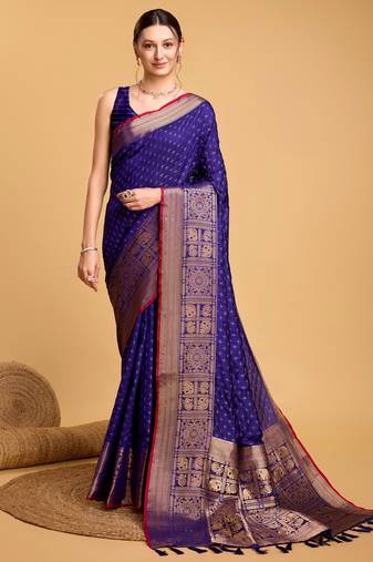 Royal Blue Double Zari Designer Woven Ethnic Soft Silk Blend Saree For Party Looks