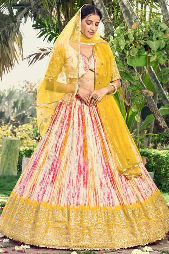 Fetching White & Yellow Digital Printed Chinon Haldi Wear Lehenga Choli