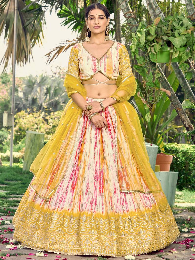Fetching White & Yellow Digital Printed Chinon Haldi Wear Lehenga Choli