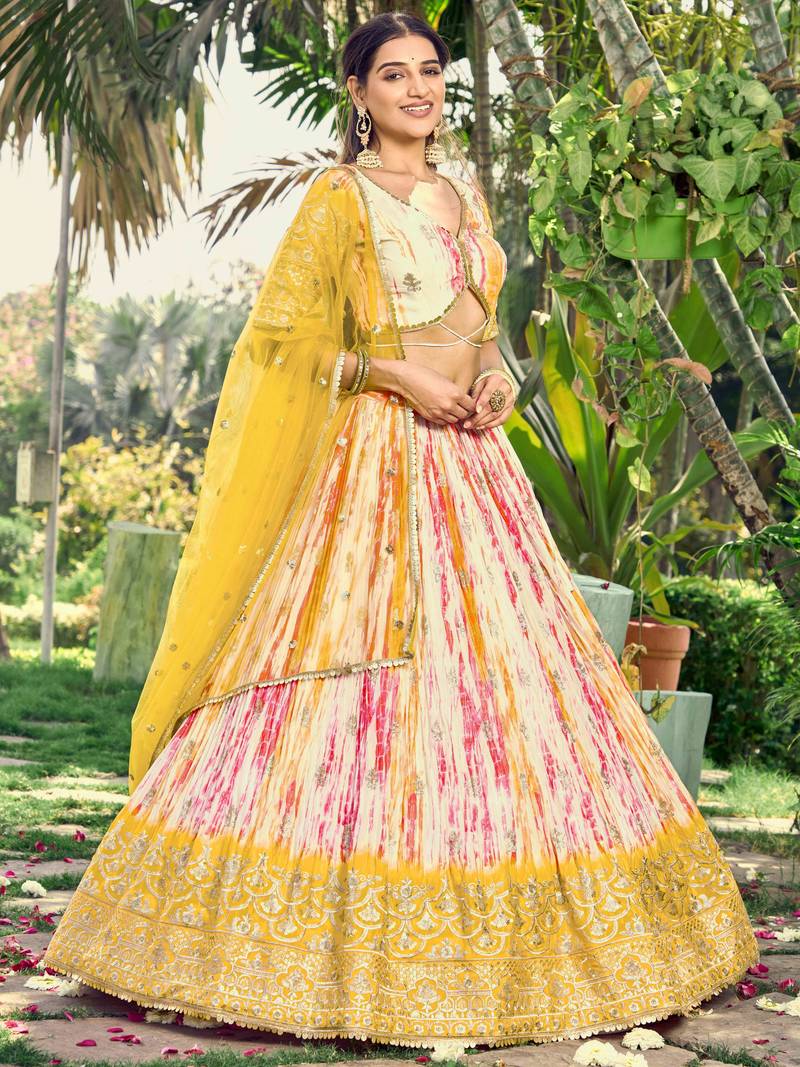 Fetching White & Yellow Digital Printed Chinon Haldi Wear Lehenga Choli
