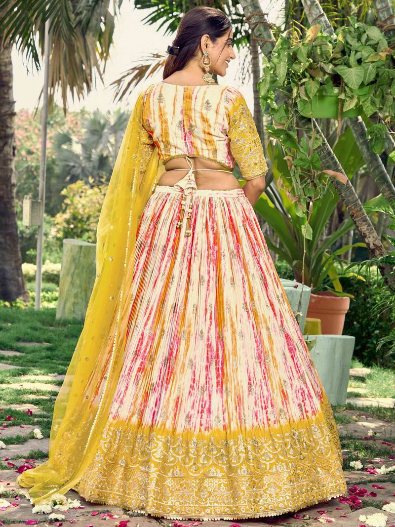 Fetching White & Yellow Digital Printed Chinon Haldi Wear Lehenga Choli