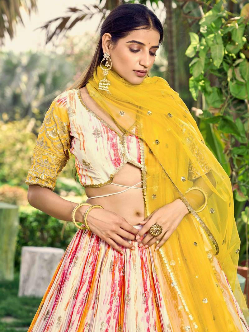 Fetching White & Yellow Digital Printed Chinon Haldi Wear Lehenga Choli