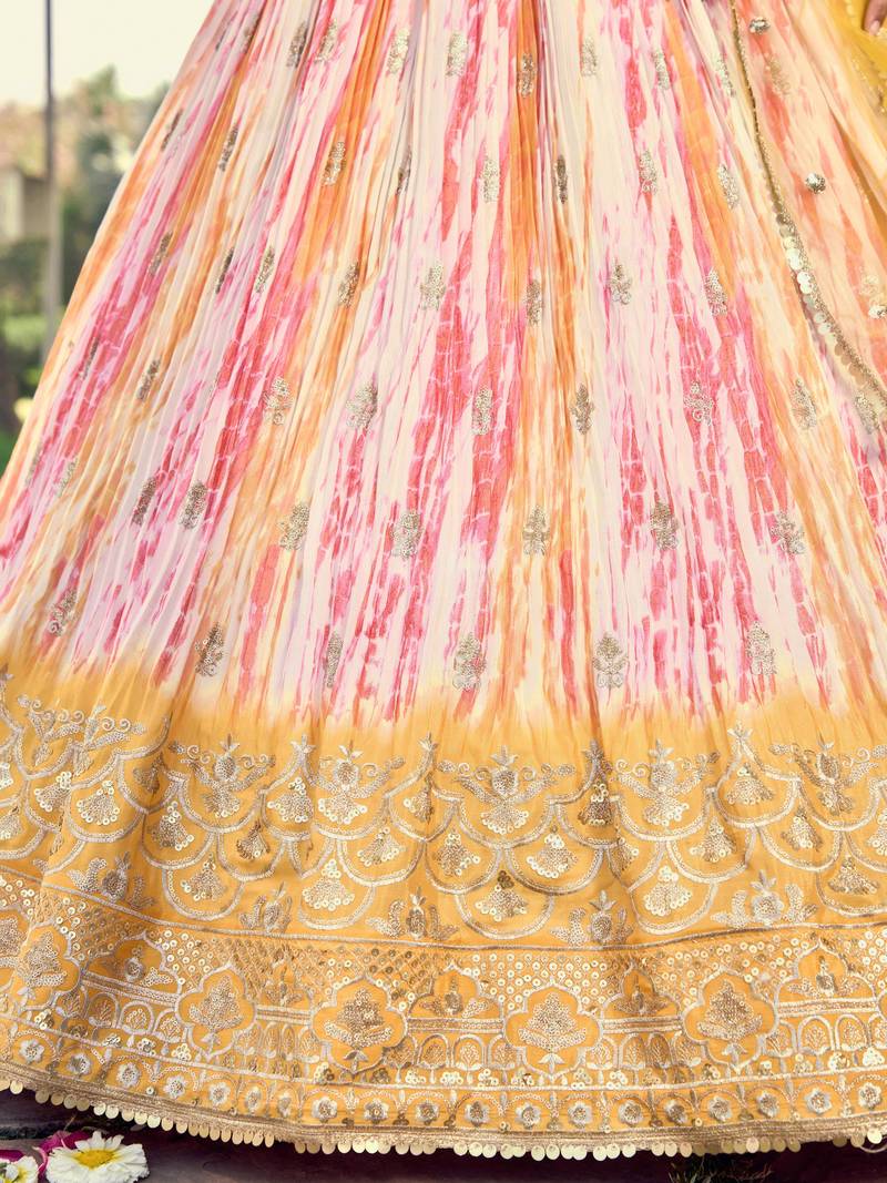 Fetching White & Yellow Digital Printed Chinon Haldi Wear Lehenga Choli