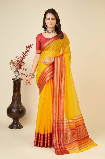 Ethnic Yellow Traditional Kota Doriya c Festive Wear Saree
