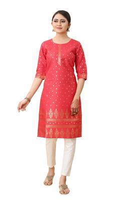 Red color cotton blend ethnic kurti with designer foil print 1