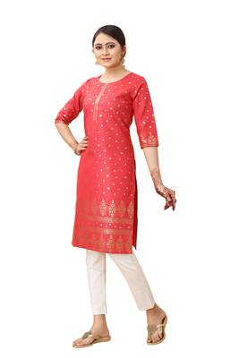 Red color cotton blend ethnic kurti with designer foil print 4
