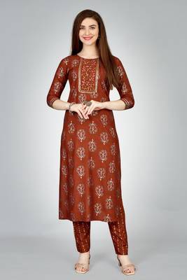 Rust colour ethnic smart printed designer embroidery work festive party dress 1