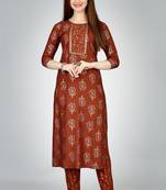 Rust colour ethnic smart printed designer embroidery work festive party dress