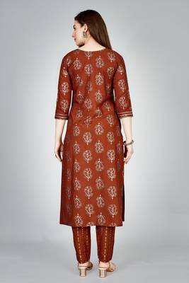 Rust colour ethnic smart printed designer embroidery work festive party dress 2