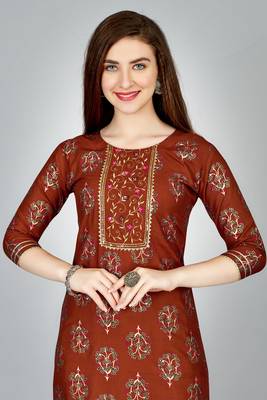 Rust colour ethnic smart printed designer embroidery work festive party dress 3