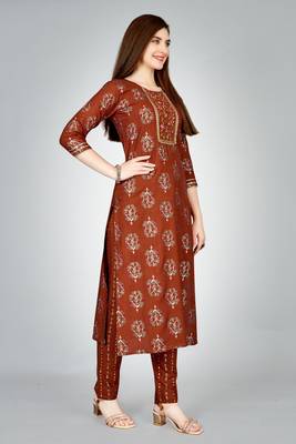 Rust colour ethnic smart printed designer embroidery work festive party dress 4