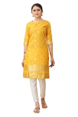 Yellow color cotton blend ethnic kurti with designer foil print 1