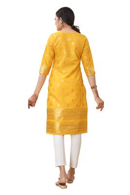Yellow color cotton blend ethnic kurti with designer foil print 2