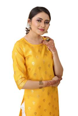 Yellow color cotton blend ethnic kurti with designer foil print 3