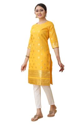 Yellow color cotton blend ethnic kurti with designer foil print 4