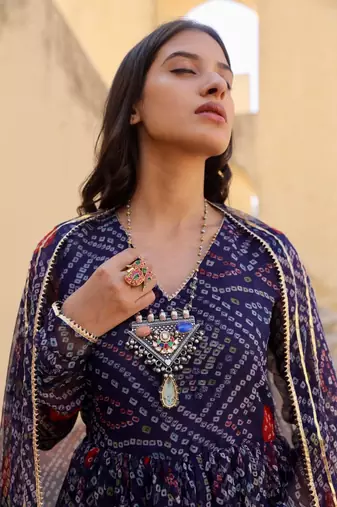 Beautiful navy blue colour girlish kurti with dupatta for trendy festive looks
