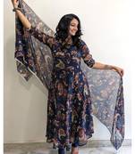 Beautiful navy blue colour girlish kurti with dupatta for trendy festive looks