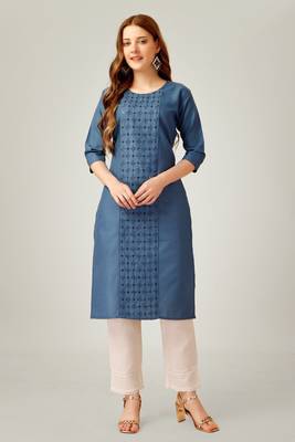 Denim blue colour ethnic sober embroiderd festive wear kurti with bottom 1